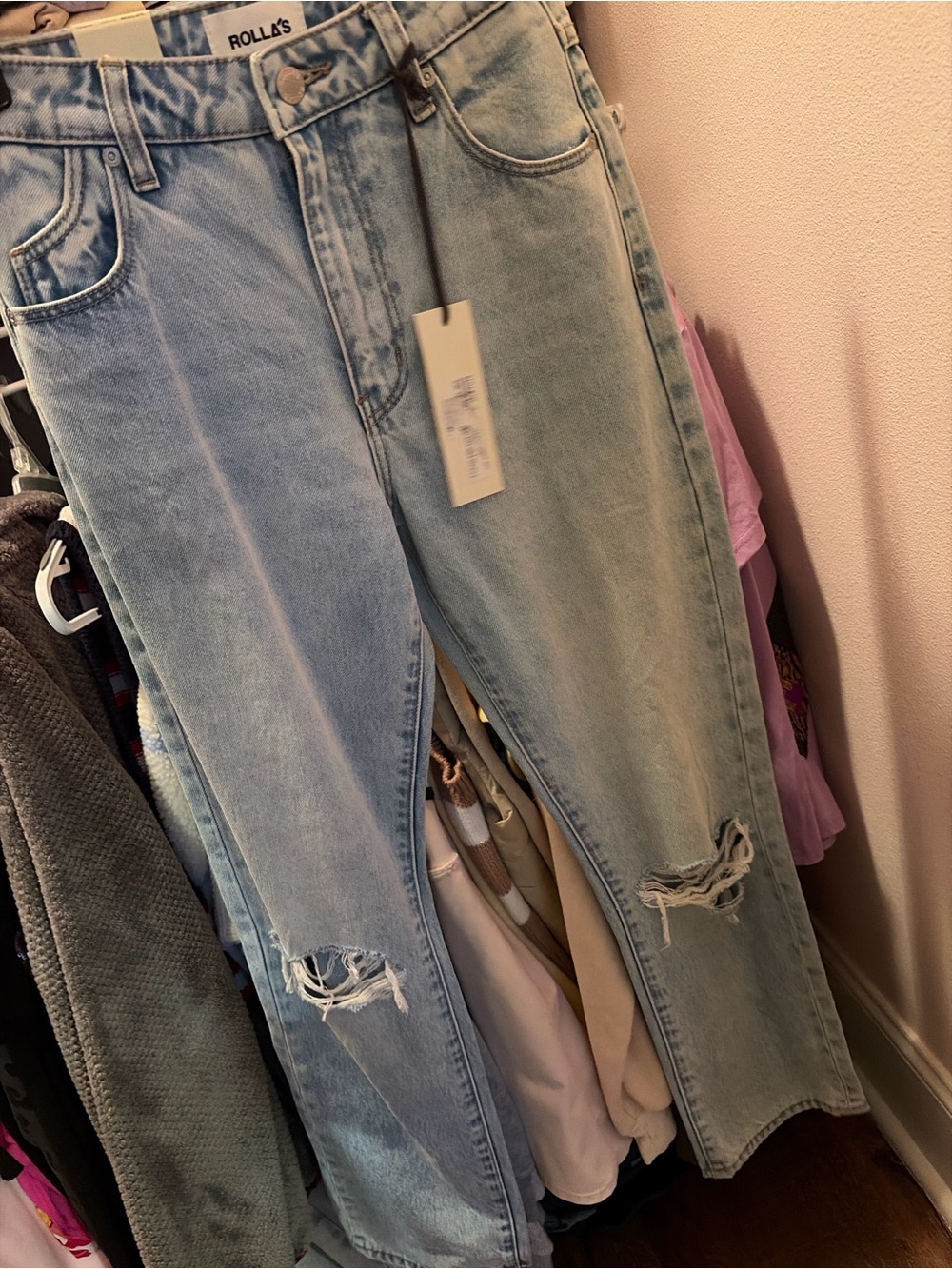 ROLLA'S Two-Tone Light Blue Distressed Straight Leg Jeans